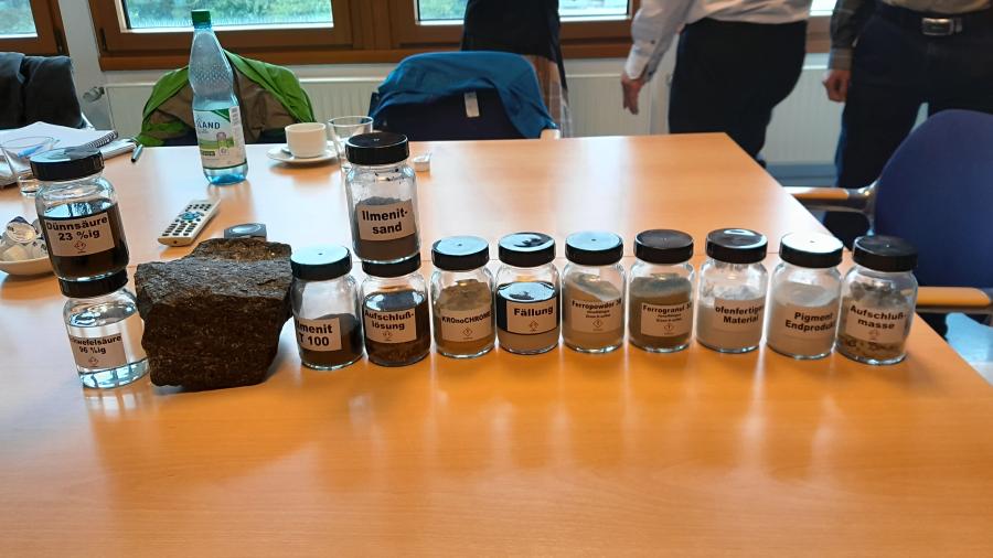 In the sulphate process, ilmenite is reacted with concentrated sulphuric acid to form titanyl sulphate. By adding water and under controlled conditions, titanium oxide hydrate is precipitated. This hydrate is then calcined to produce pure TiO₂. Image: Pet